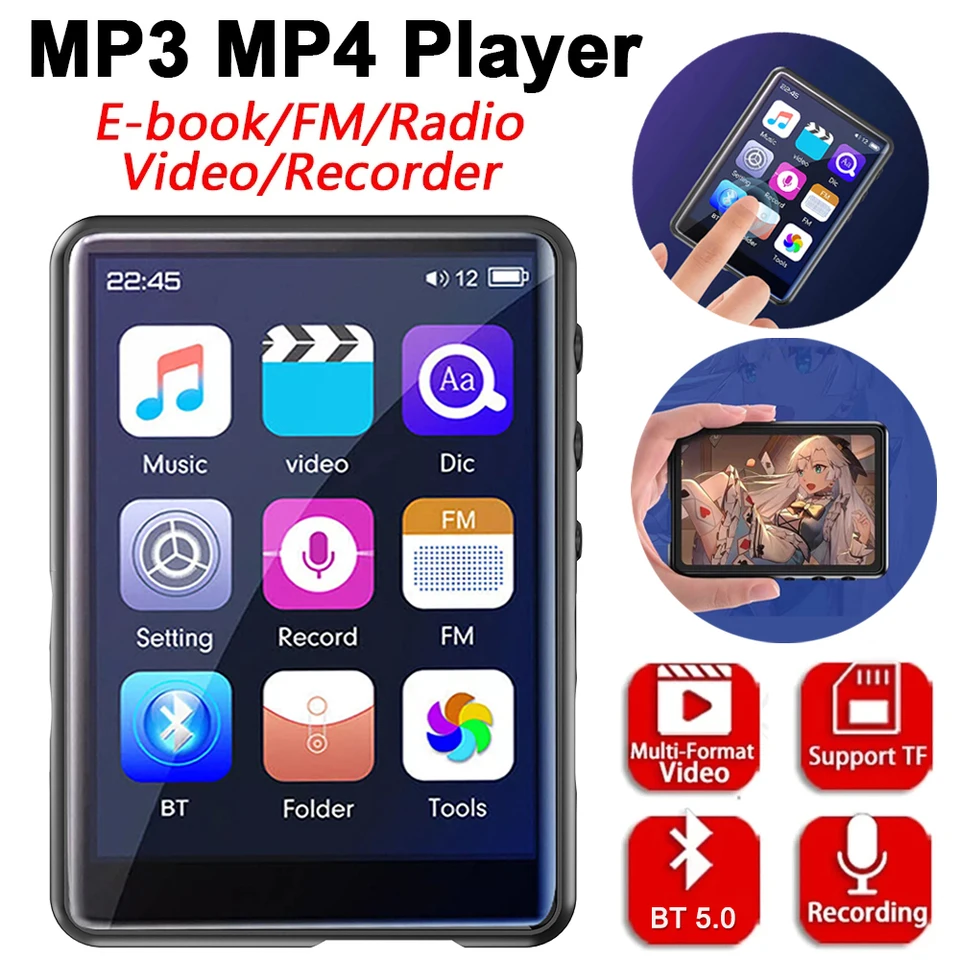 Prenosný MP3 prehrávač Bluetooth 5.0 hudba Palyer Full Touch Screen Screen Player Player Vstavaný reproduktor Walkman W/FM Radio Nahrávanie elektronickej knihy