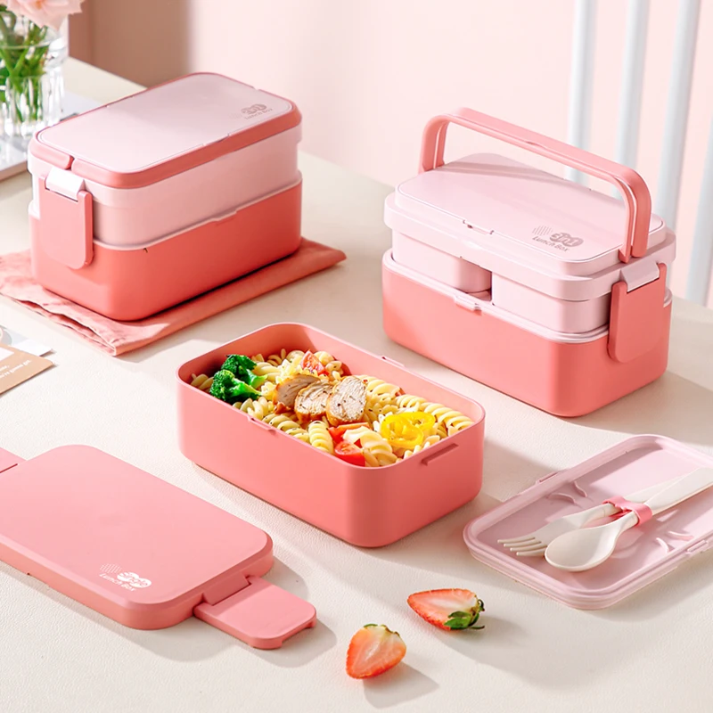Prenosný obedový box bambusové vlákno 3in1 dvojvrstvová bento box mikrovlnná lyžica vidlice ženy dievčatka škola piknikový obedový box