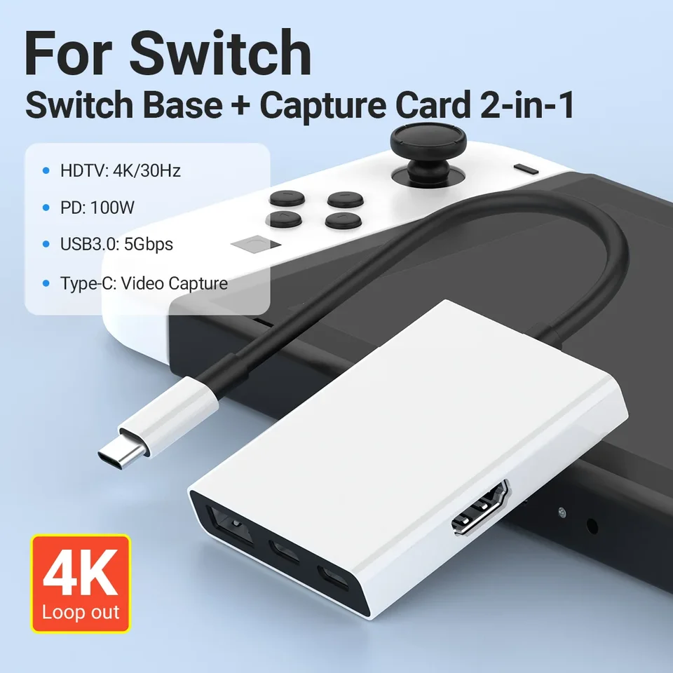 Prenosný prepínač TV Dock & Video Capture Card s HDMI-kompatibilnými1.4+USB3.0+PD+Type-C porty pre Nintendo Switch/OLED Live Streami