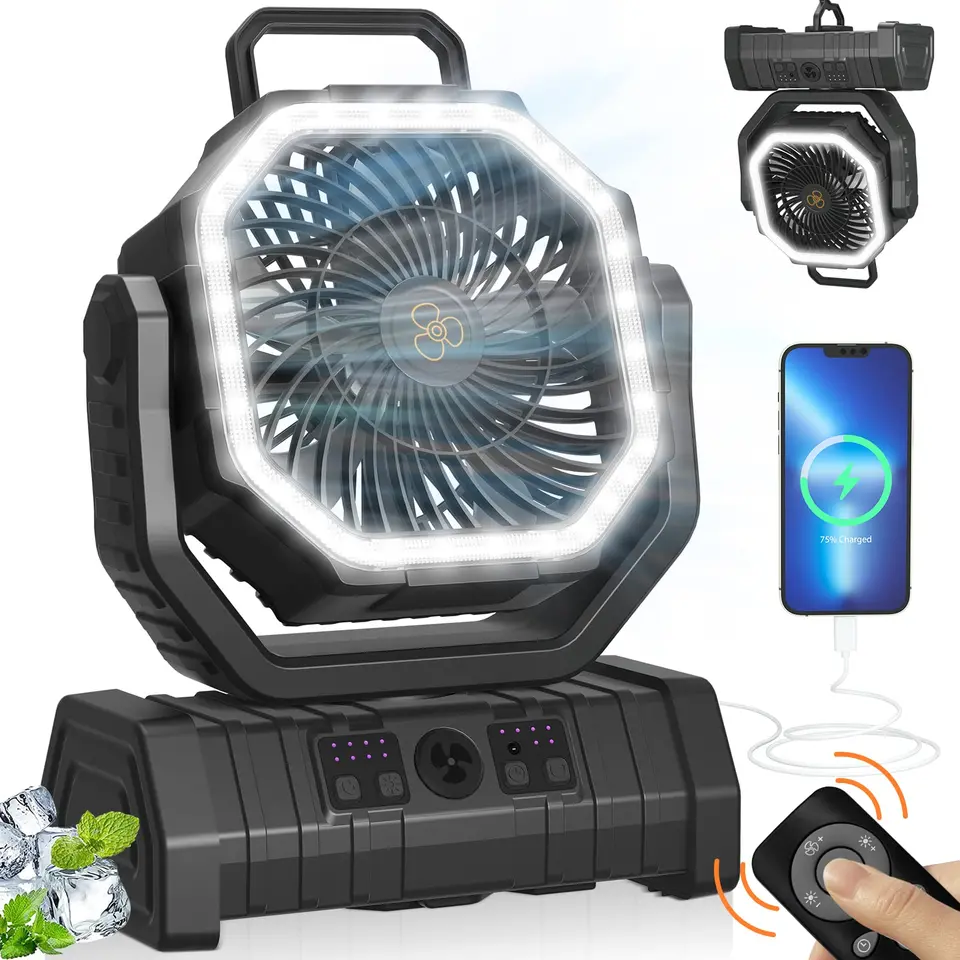 Prenosný ventilátor prenosného ventilátora s kempingom 20000 mAh s ľahkým prenosným nabíjateľným kempingovým ventilátorom 270 ° Otáčanie hlavy s ventilátorom s háčikmi