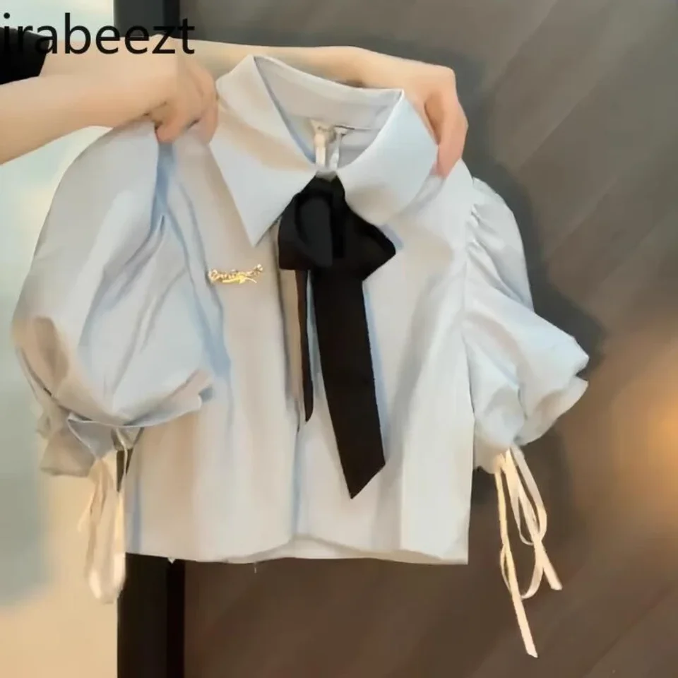 Preppy modrý pólo golier s krátkym rukávom košeľa s krátkym rukávom letné korenie Krátke nafúknuté rukávy Chic Malé top Blusas femininas eleganty