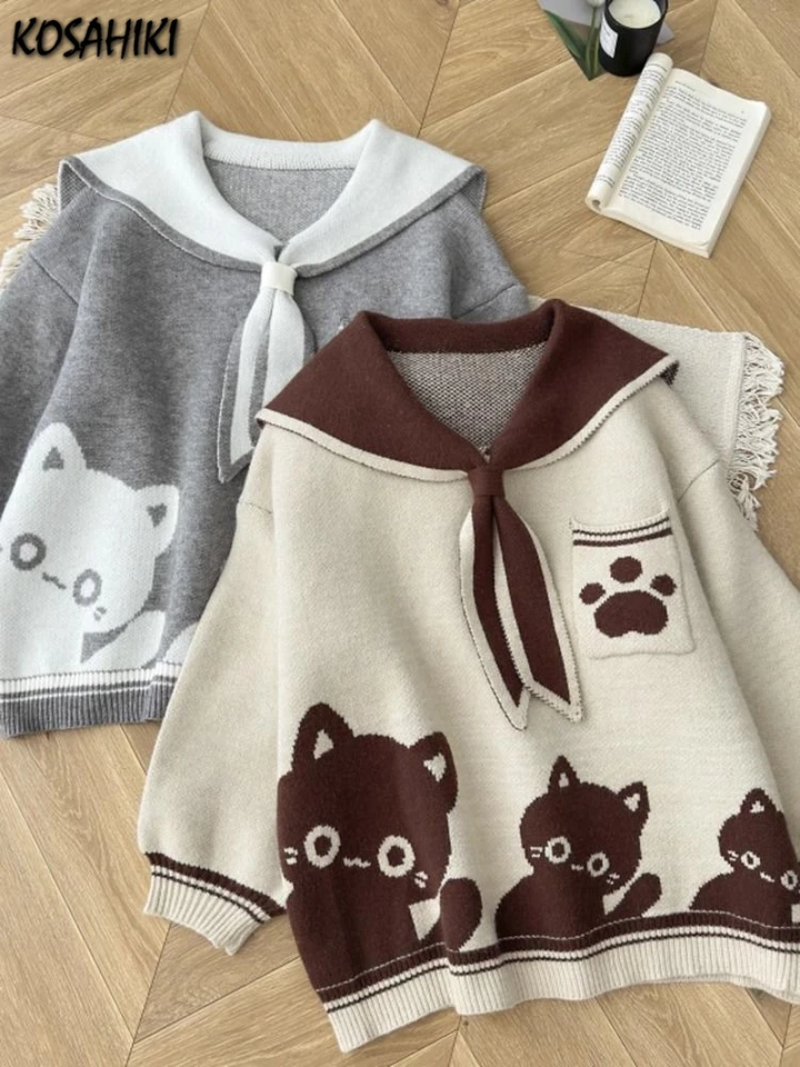 Preppy štýl grunge kawaii roztomilé mačky Jacquard Sweatters Dám