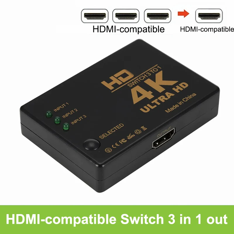 Prepínač 4K prepínača 3 v 1 out Full HD 1080p Video káblového kábla 1x3 Hub Adapter Prevodník pre TV box HDTV PC