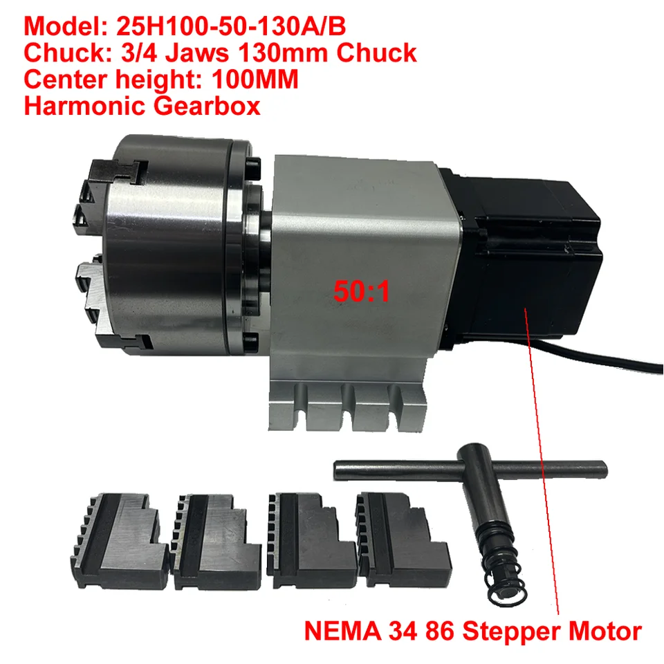 Prevodovka reduktora bez medzier bez medzery 130 mm Chuck 4. rotačná os NEMA34 Krokový motor CNC CNC Oddelenie redukcie hlavy 50: 1