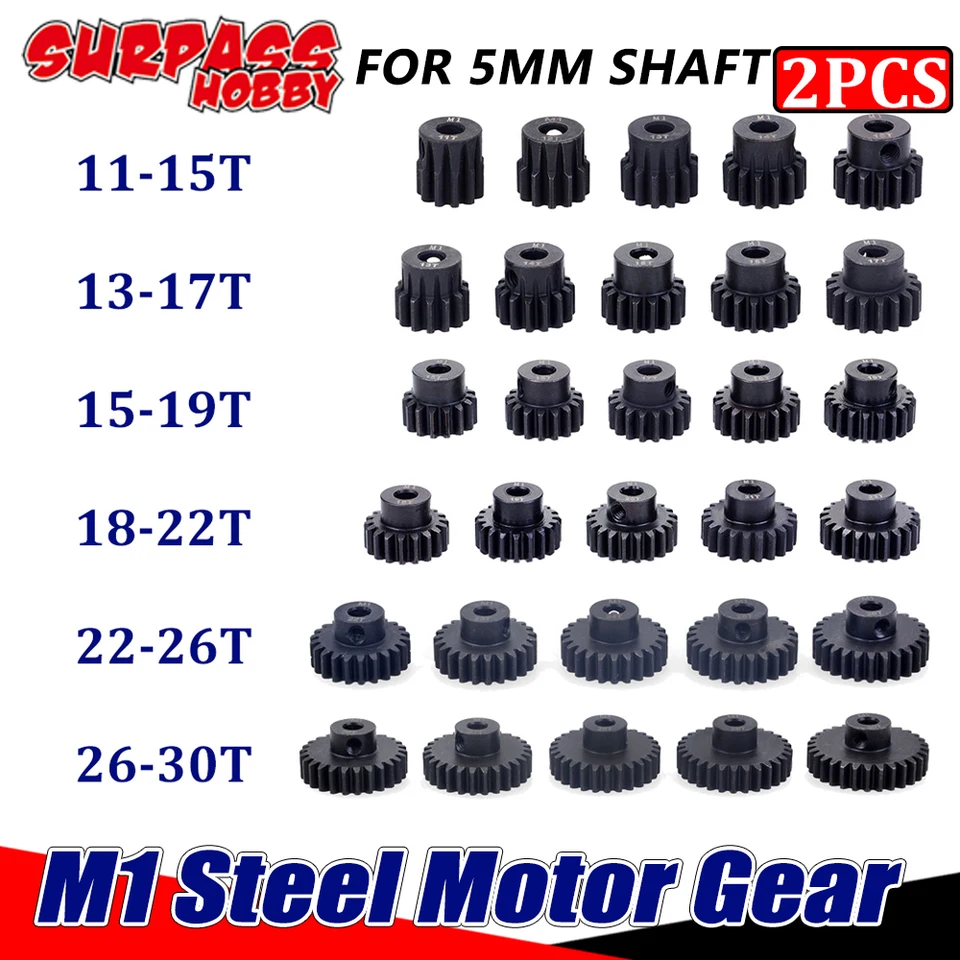 Prevyšovať hobby 2ks M1 Motor Gear 5 mm hriadeľ Motory Paskáreň 11T-30T oceľ 1/10 1/8 RC CAR Brushless Motor Brushed 3660 4068