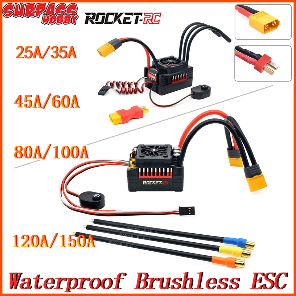 Prevyšuje hobby Waterproof bez kefy ESC Speed ​​Controller 45a 60a 80a 100a 120a 150a s X60 zástrčkou pre 1/7 1/8 1/10 RC CAR