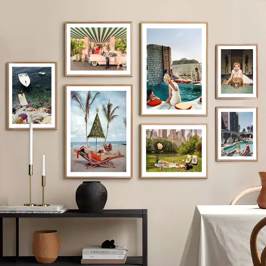 Pri bazéne La Follia Beverly Hills Hotel Vintage Wall Art Canvas Painting Plagáty a výtlačky nástenné obrázky pre dekoráciu obývacej izby