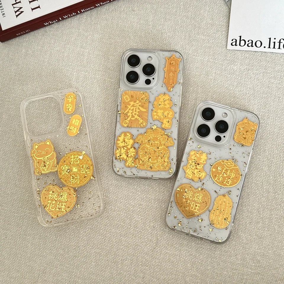 Priaznivé insinské zlaté fólie Transparentné bohaté šťastné mačky Dobré želanie telefónu pre iPhone 16 15 14 13 Pro Max