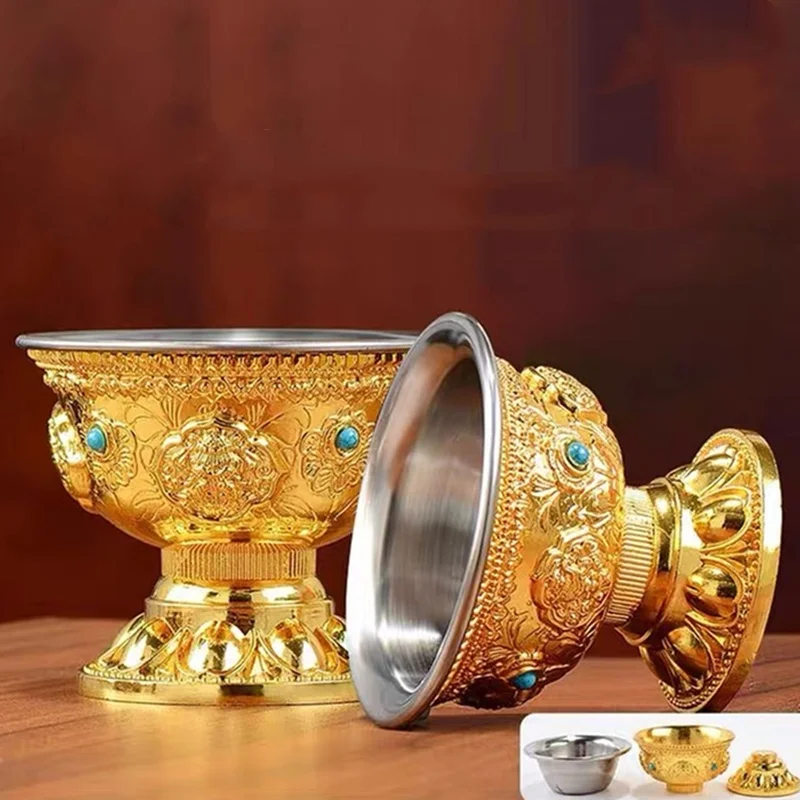 Priaznivé pozlátené pozlátené pitie Buddha Bowl, vykladaný klenot zink zink zliatiny Svätá voda pohár budhistickej misky Darček Dary Dekoratívne 150 ml