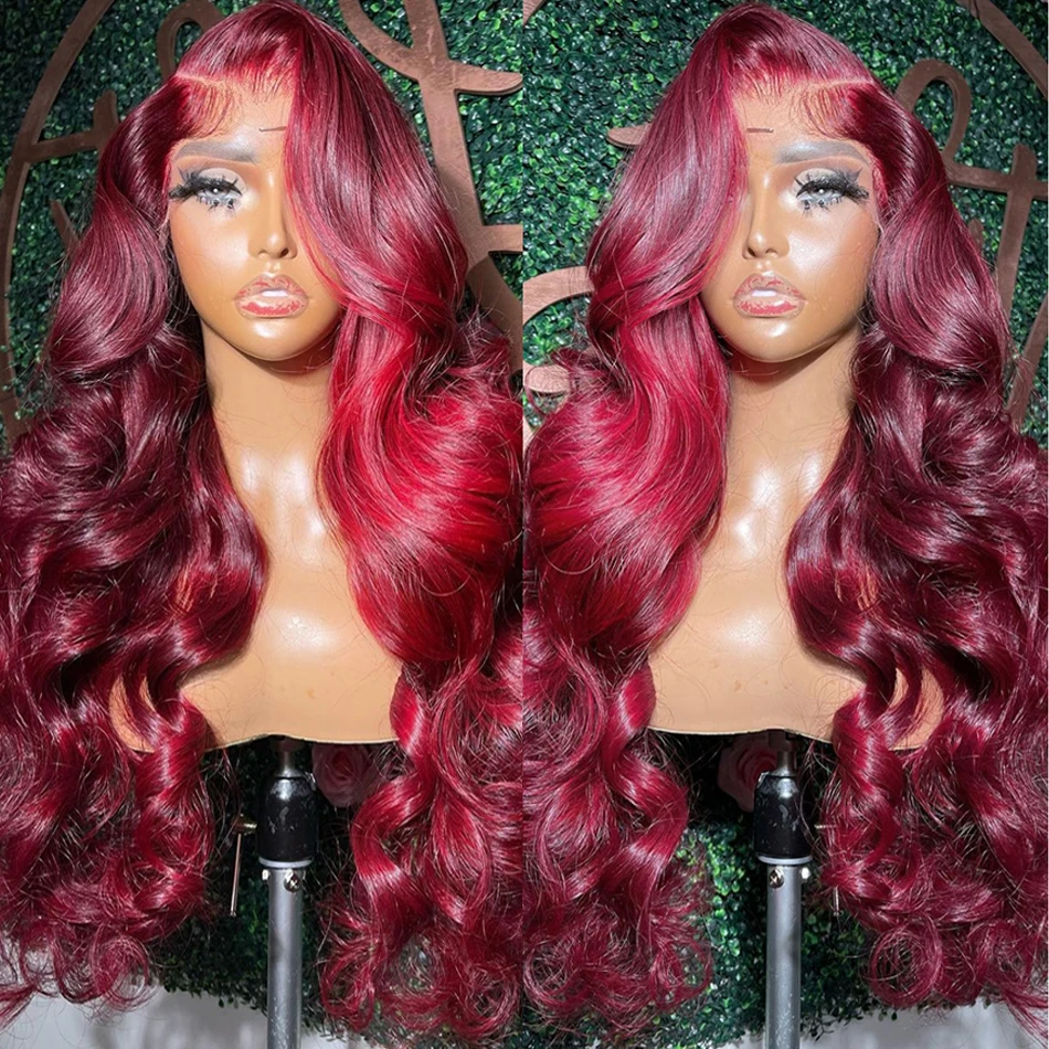 Priehľadná 99J Červená parochňa Burgandy Body Wave Lace Čestné ľudské vlasy Brazílske vodné vlna 13x4 čipka čelná parochňa zafarbená parochňa