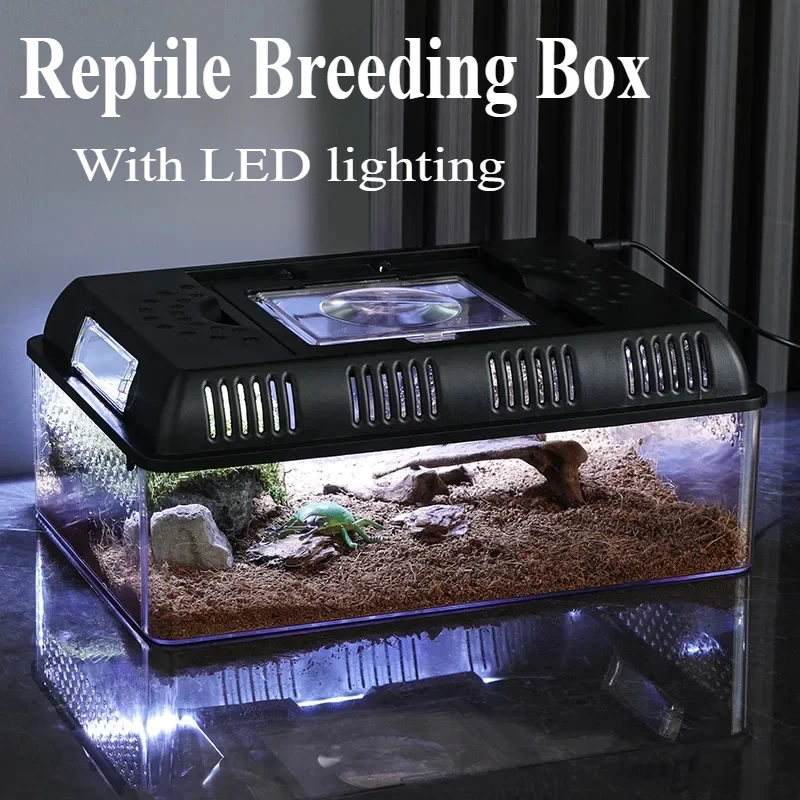 Priehľadné LED svetlo Light Reptile Chov Box Pet Klietka priedušná kŕmenie Prenosná lampa Box Snake Turtle Lizard Anti-Escape Cage