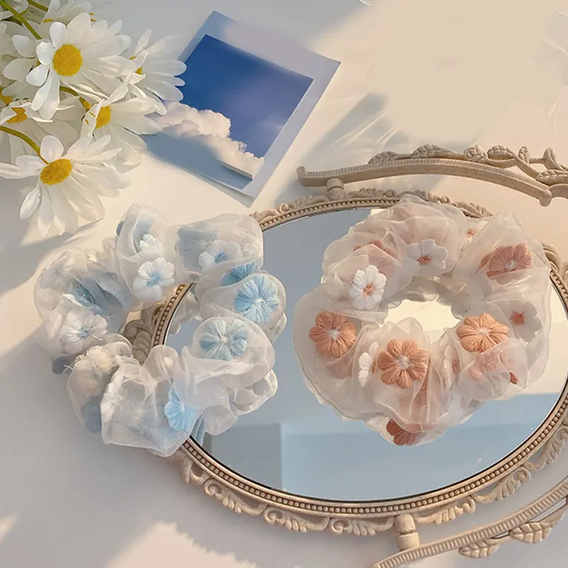 Priehľadné výšivky kvety scrunchies Ženy Romantické ružové modré vlasy lano Tyl Organza vlasové kravaty sieťové príslušenstvo 2021
