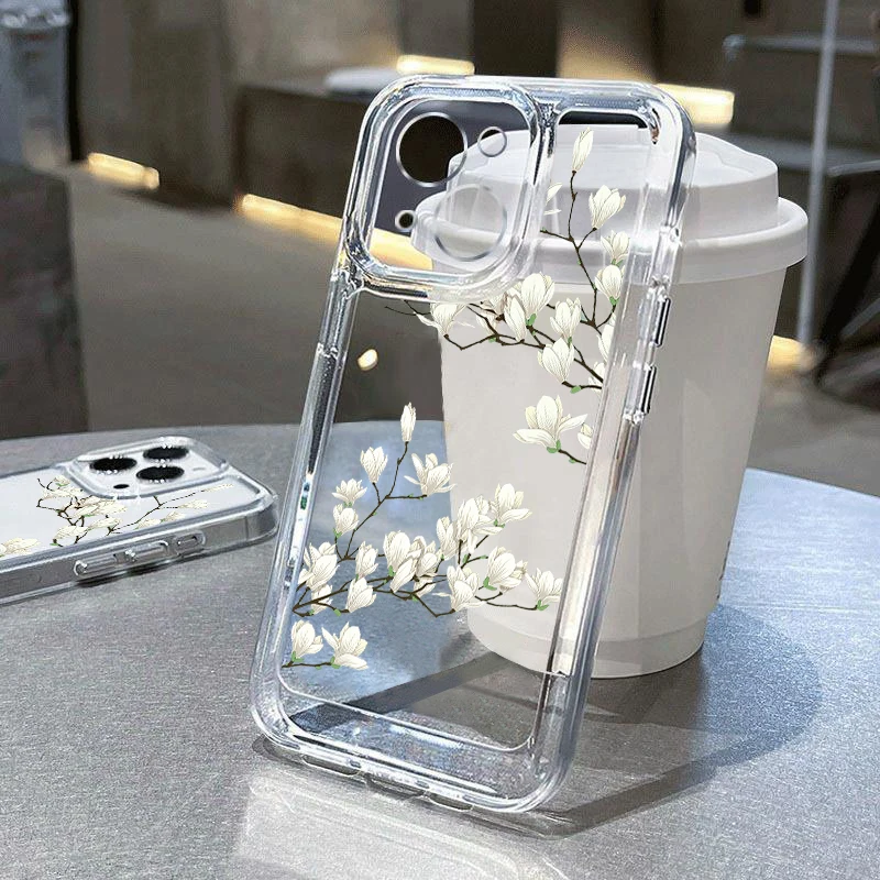 Priehľadný puzdro kvetov pre iPhone 16 15 Pro Max 14 16 Plus 13 12 11 15 Pro 7 8 x xs Soft Silikone Clear Cover Telefón