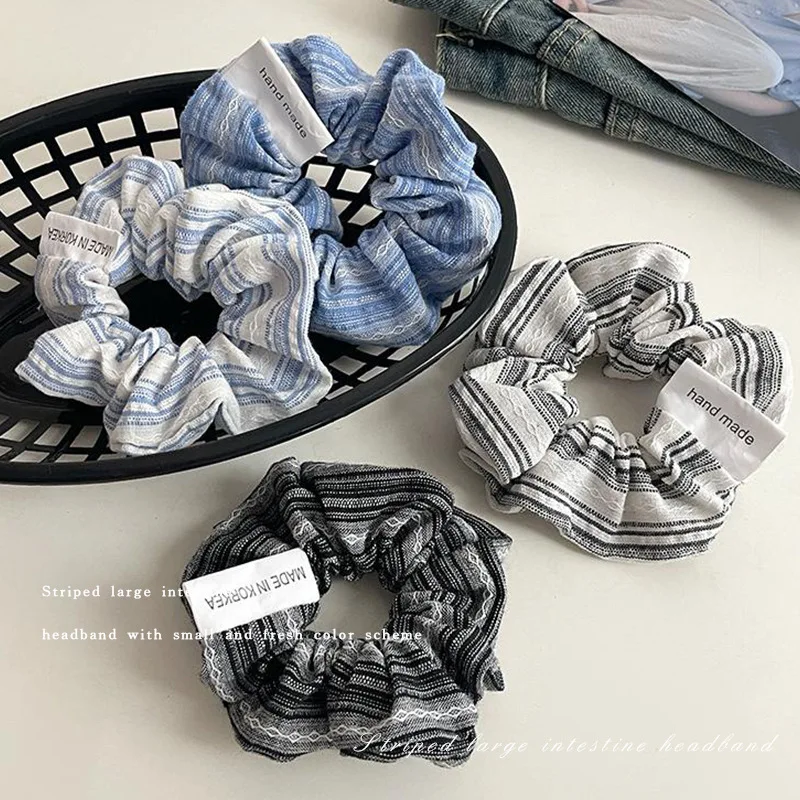 Priemer 12 cm nadmerne pruhované tkanina Scrunchies Fashion Sladké modré čelenky mladé dievčatá roztomilé gumové kapely držiak