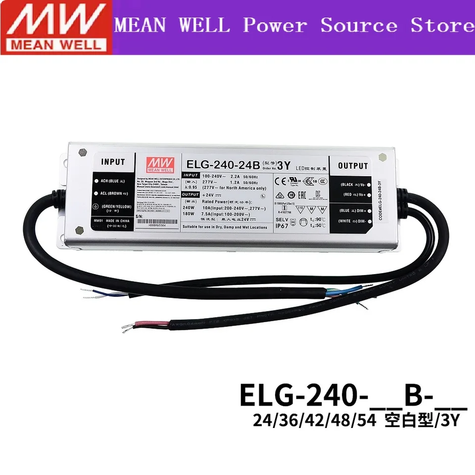 Priemerná dobre ELG-240-24-3Y 180 ~ 240W Konštantné napätie + LED ovládač LED konštantného prúdu ELG-240 24V 10A 240W