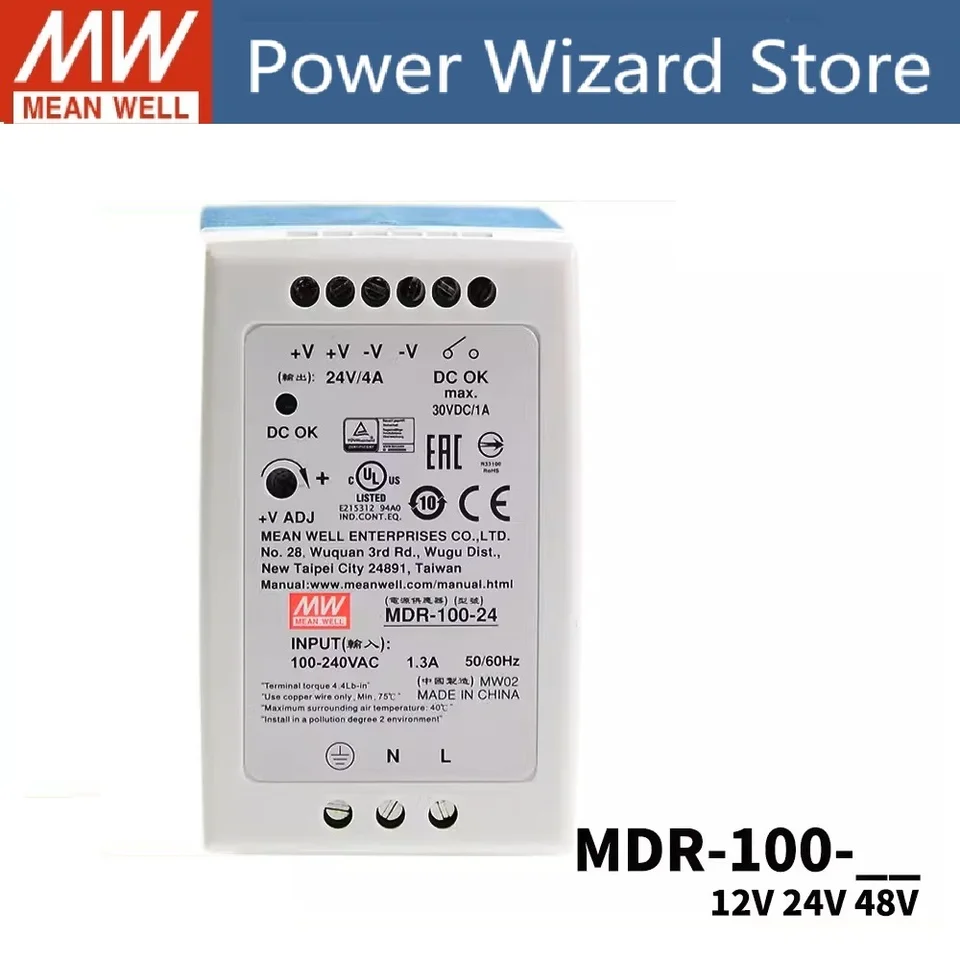 Priemerná studňa MDR-100 MDR-100-12V 7,5A MDR-100-24V 4A MDR-100-48V 2A 12/24/48V Malý objem 100W plastového krytu DR