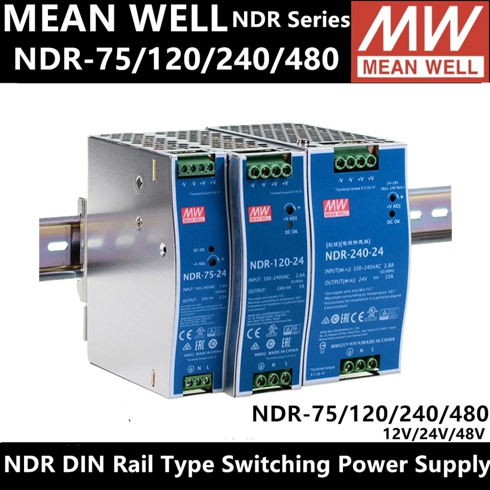 Priemerná studňa NDR-75W 120W 240W 480W 110V/220V AC až DC 12V 24V 48V DIN Rail Switching Dodávka NDR-75 NDR-120 NDR-240 NDR-480