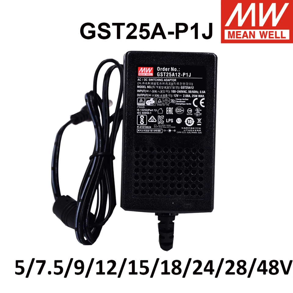 Priemerný studň GST25A12-P1J GST25A05-P1J 25W Adaptér 5V 7,5V 9V 12V 15V 18V 24V 28V 48V Univerzálny napájací nabíjač