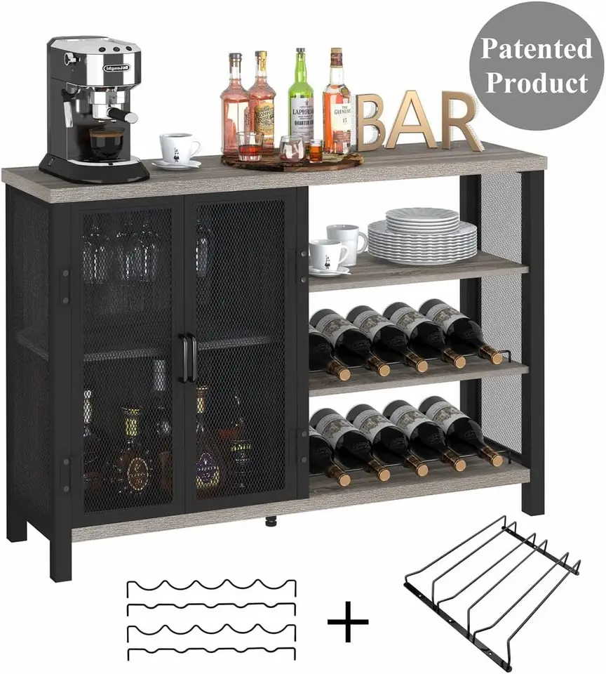 Priemyselný domový bar s kabinetom s rustikálnou skrinkou na likér pre domácu kaviareň so skrinkou s úložným priestorom (47 palcový šedý dub)