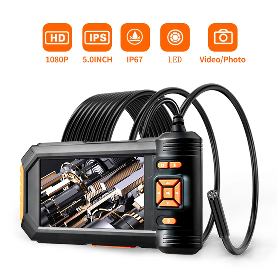 Priemyselný endoskopový fotoaparát 8 mm vodotesný odtokový hadový fotoaparát 1080p HD 5 palcový displej automobilového endoskopu s držiakom
