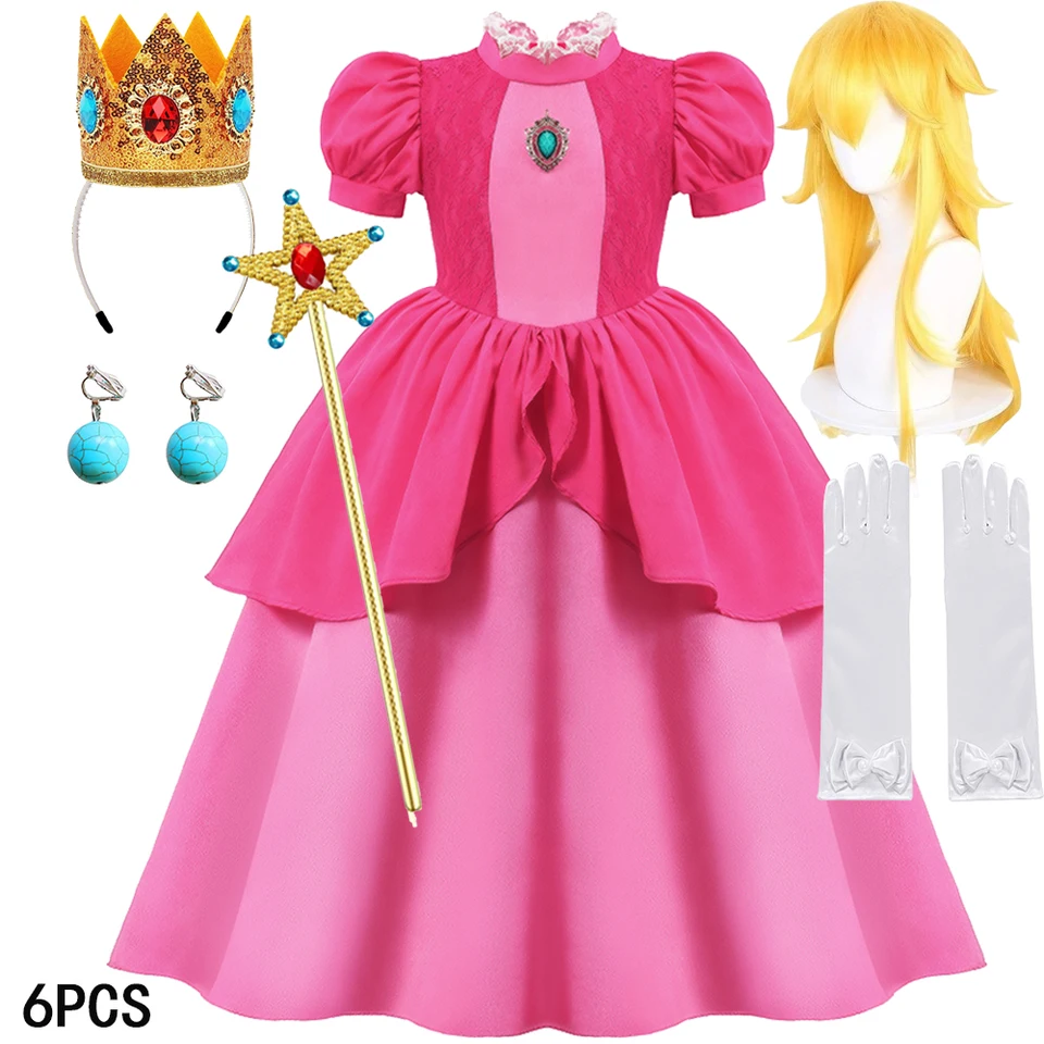 Princezná broskyňa šifónová čipka Dievčatá Cosplay šaty detské deti Vestidos Party šaty karneval Halloween kostým 4-10 rokov