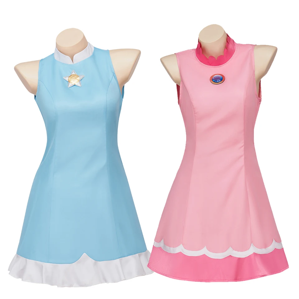 Princezná cosplay broskyňa rosalina kostým dámska ružová modrá rukáv bez rukávov hre