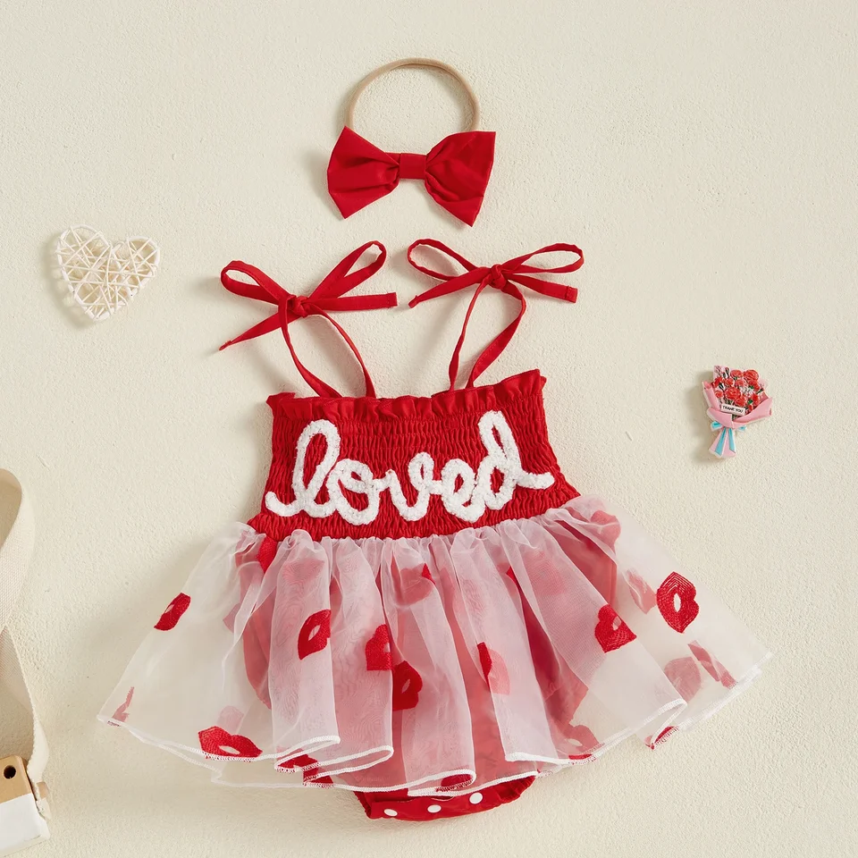 Princezná dievčatká mriežka BodySuits Infant Party Valentine's Day Romper Dress Lips LIPS Letter bez rukávov Člen