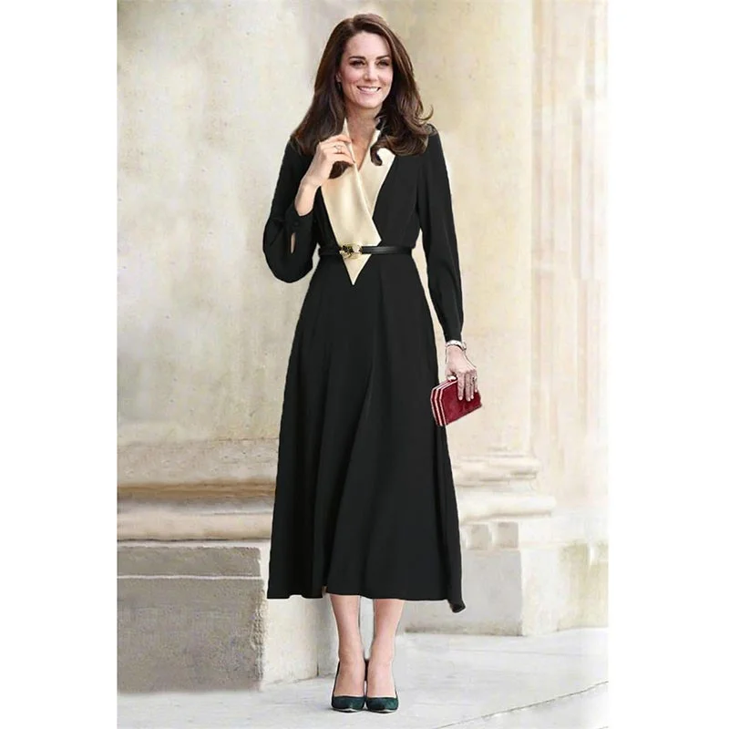 Princezná Kate Middleton Čierne dlhé šaty Nová jarná dráha dráha otočenie goliera šitie farebne elegantné košeľu ženské šaty