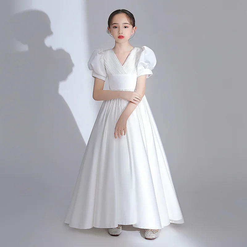 Princezná satén A Line Pleat V Brck Flower Girl Desia DETI DETA PRVÉ KOMENTION DASE Ball Svadobné šaty Šaty narodeniny show