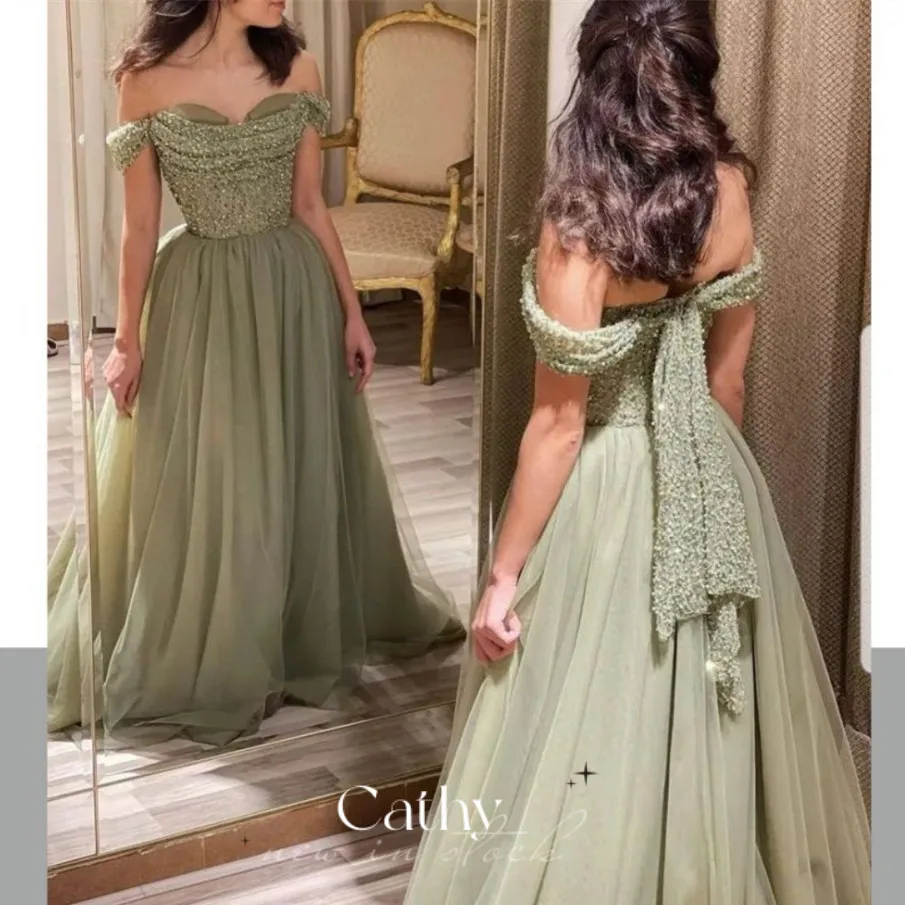 Princezná zelená prispôsobená Vestidos de fiesta elegantná z ramena večerné šaty manuálne flicky hrudné dizajn ples šaty