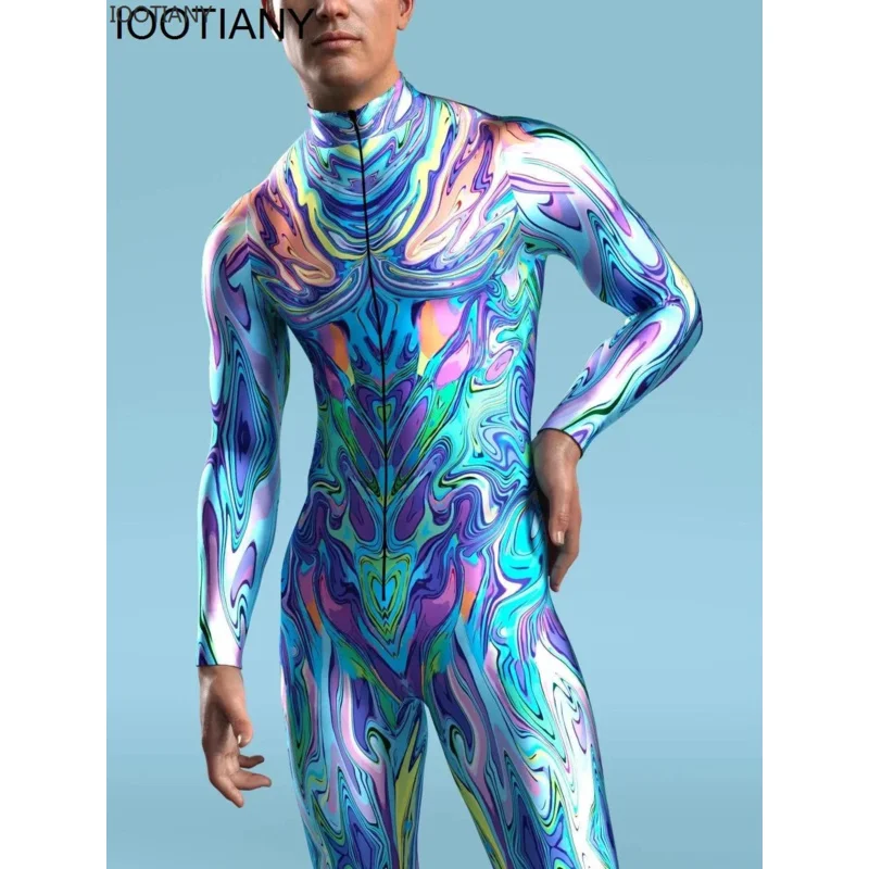 Print Machine Zentai Men For BodySuit Skinny Cosplay Catsuit Trippy kostým predný zips kombinézy Elastic Rave Festival Suit