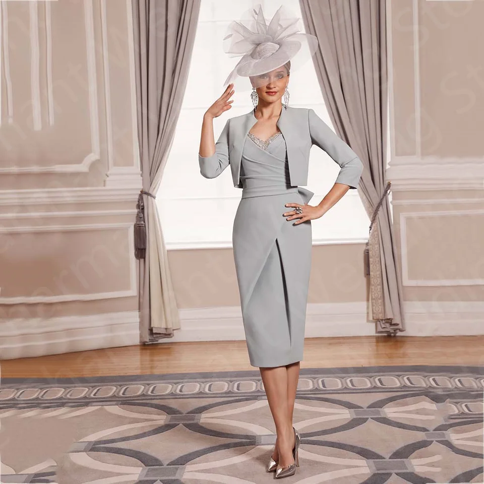 Prispôsobená formálna strieborná matka nevesty šaty s bundami Matky šaty čajová dĺžka svadobné šaty v výstrih
