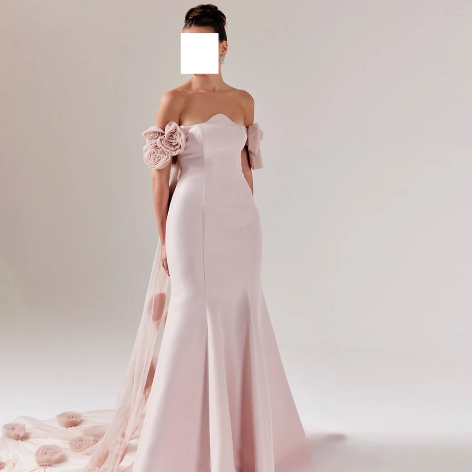 Prispôsobená morská panna ružový dres 3D kvety večerné šaty elegantné z ramena bez rukávov bez rukávov Watteau Train Party šaty 2025