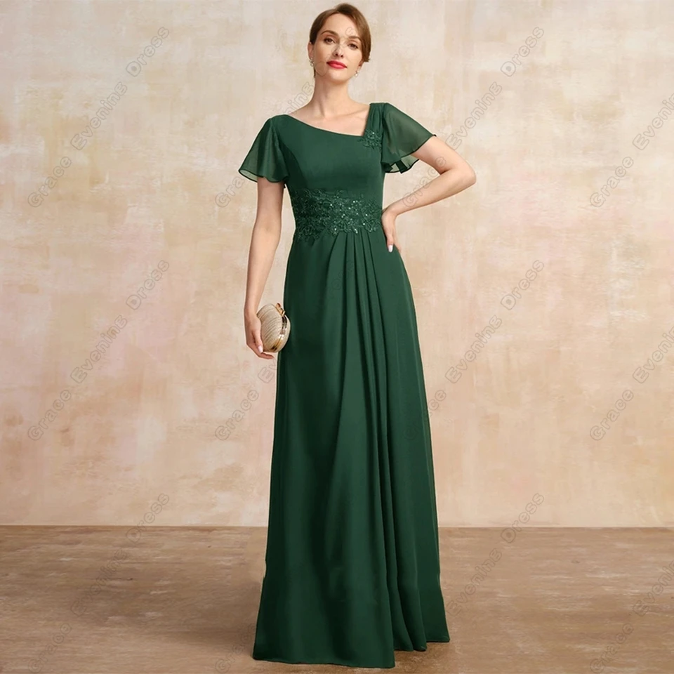Prispôsobená očarujúca zelená matka nevesty pre ženy pre ženy s krátkym rukávom Svadobné šaty Lace Lace Summer šifón Vestido de Noche