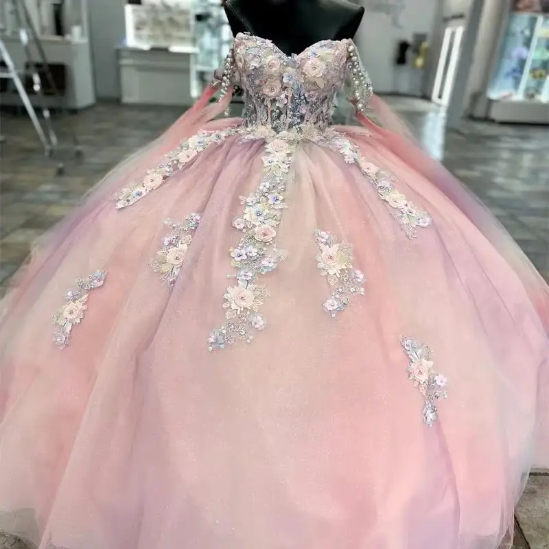 Prispôsobená princezná Pink Mexico Ball Gown Gown Quinceanera Šaty Pretty Appliques Korálkové ilúzia šnurovanie šnurované miláčikom narodeninové šaty