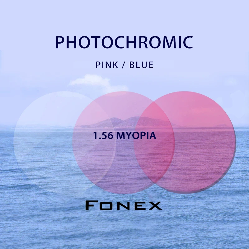 Prispôsobené 1,56 (-0,50-4,00) Photochromatická ružová modrá Optická optická živice CR-39 Asférické sklá na slnečné okuliare Myopia Slnečné okuliare Slnečné okuliare