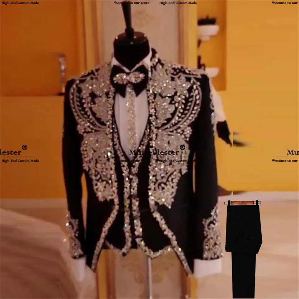 Prispôsobené diamantové korálkové muži obleky Svadobné smokingy 3 kusy Muž módne ženích Prom Blazers Slim Fit Ropa Hombre