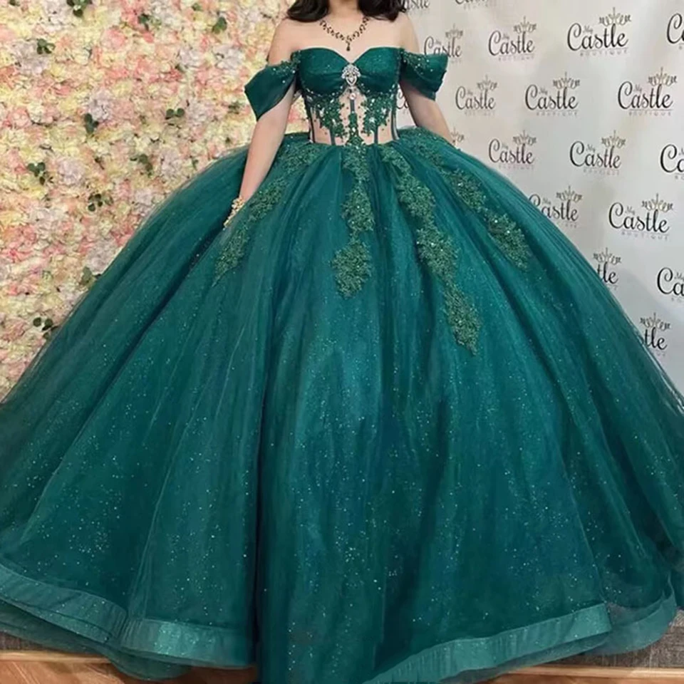 Prispôsobené elegantné guľové šaty Quinceanera Šaty aplikuje mimo ramena Prom narodeninové oslavy Formálne Vestido de Anos 15