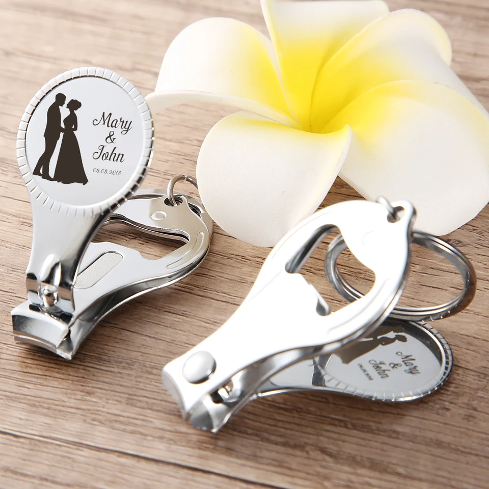 Prispôsobené meno svadobnej večere a dátum na nechty Clipper fľaša otvárač Keychain móda nerezové vlastné svadobný darček pre hostí