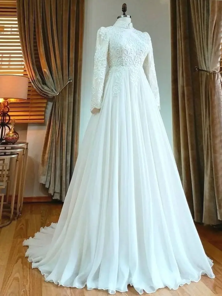Prispôsobené moslimské svadobné šaty s dlhým rukávom 2025 pre ženy dlhé šifónové vysoké krk svadobné šaty Marocká kaftan rúž de mariage