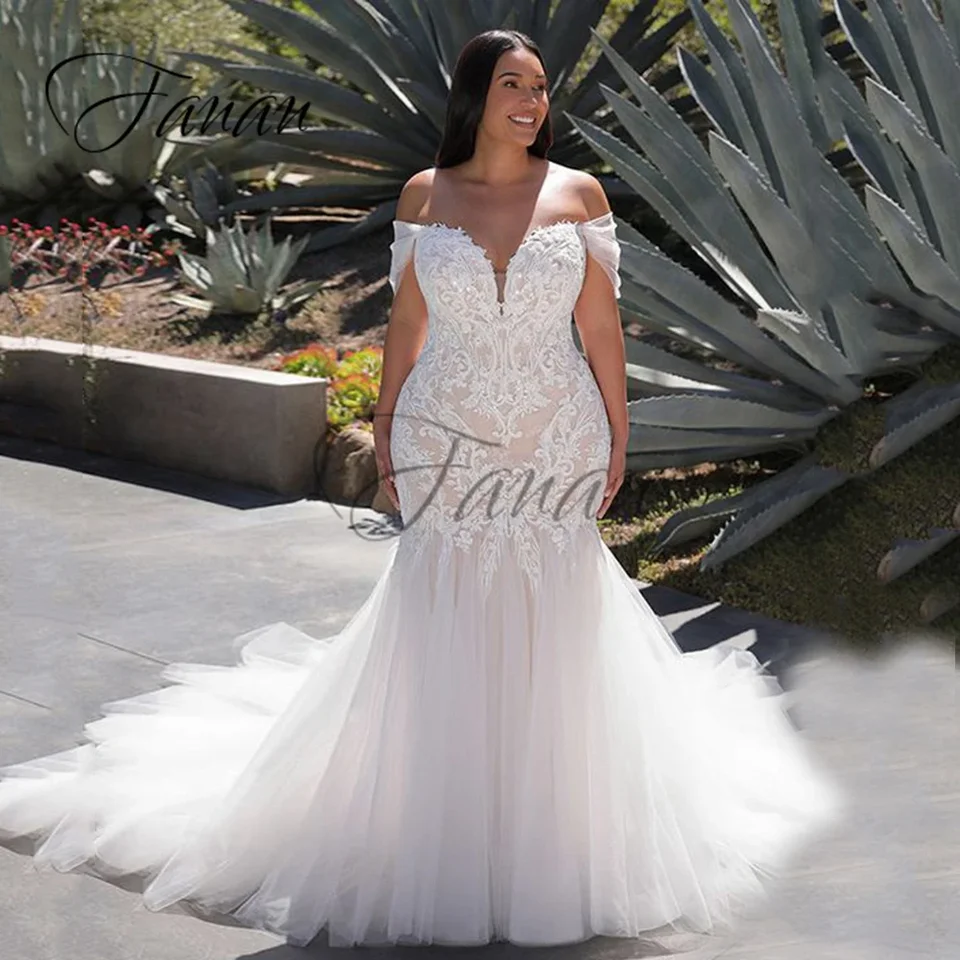 Prispôsobené nadrozmerné svadobné šaty Mermaid Mermaid Plus z ramena backless roube de mariée čipka svadobné šaty Vestid