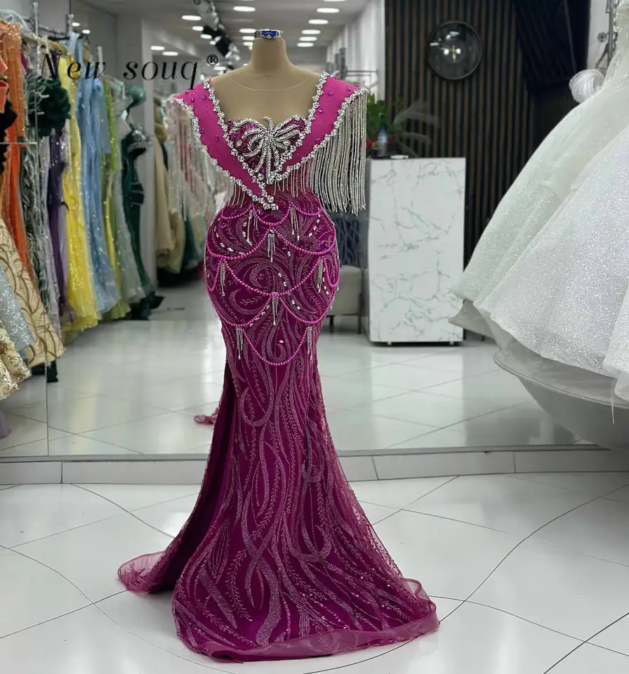 Prispôsobené nové v arabských neónových fialových večerných šatách s bočným štrbinovým kryštálom Tassel Perly