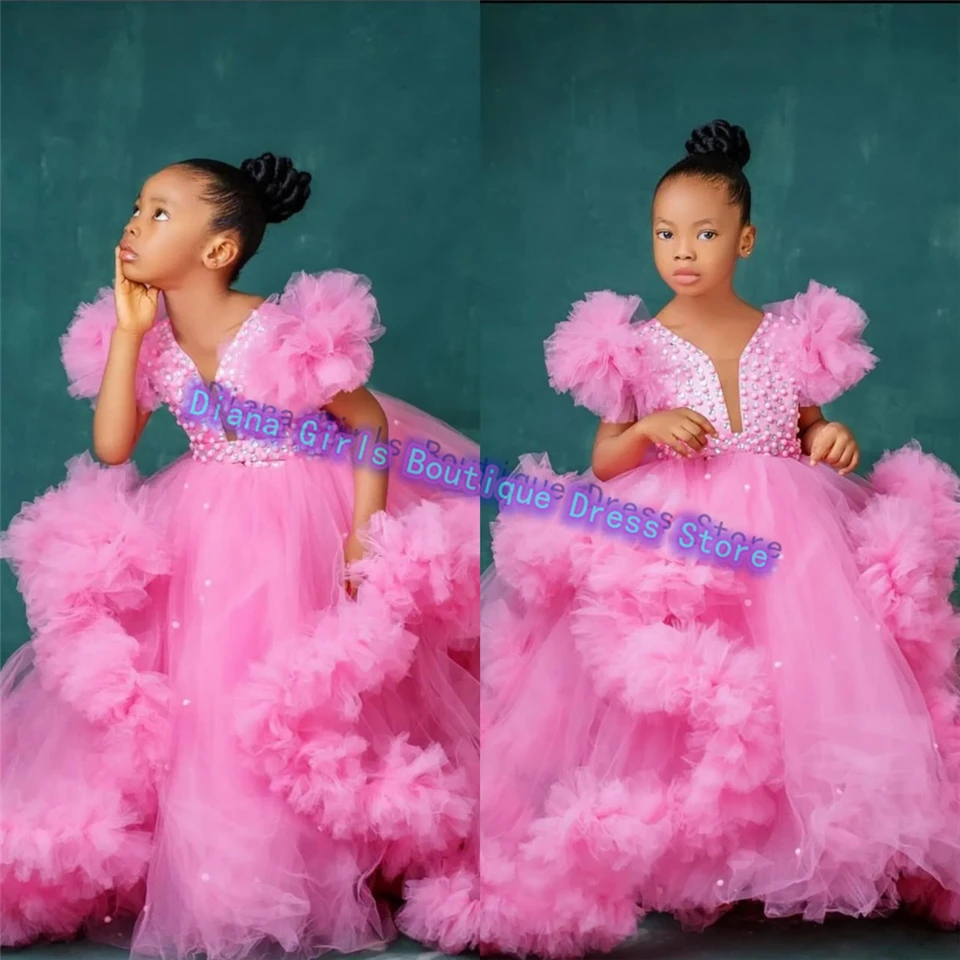 Prispôsobené nádherné ružové kvetinové šaty Tyllle Fluffy For Wedding Little Girls Narodeninové oslavy plášťové šaty