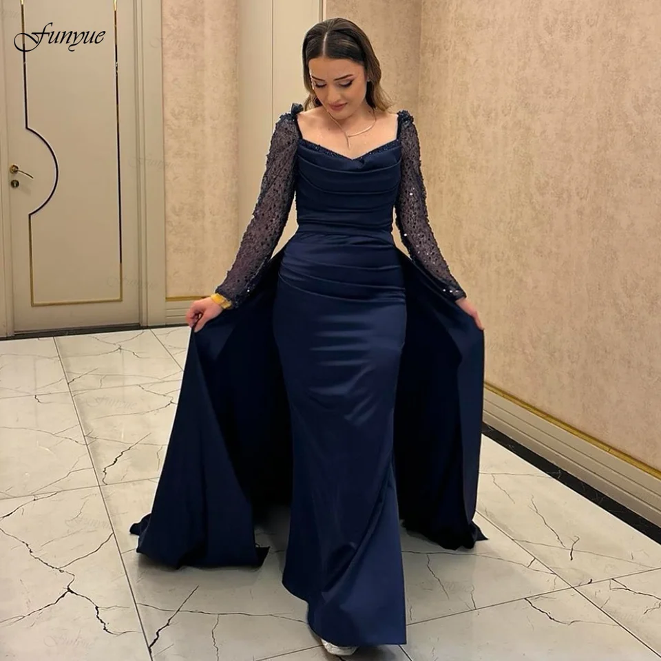 Prispôsobené námornícke modré elegantné večerné šaty pre ženy saténové skladané dlhé rukávy Ženy Formálne šaty morská panna Vestido de Noche