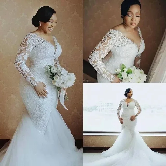 Prispôsobené plus veľkosť arabčina ASO EBI čipka s korálkovými panenskými morskými šaty