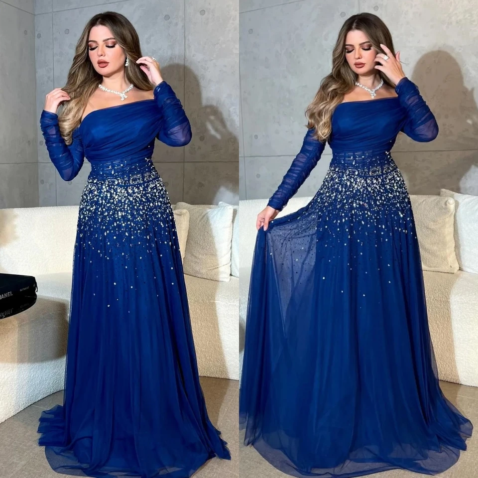 Prispôsobené Sparkle Elegantné mimo ramena A-Line Party Dress Beading Shirred Floor Dĺžka Organza Večer
