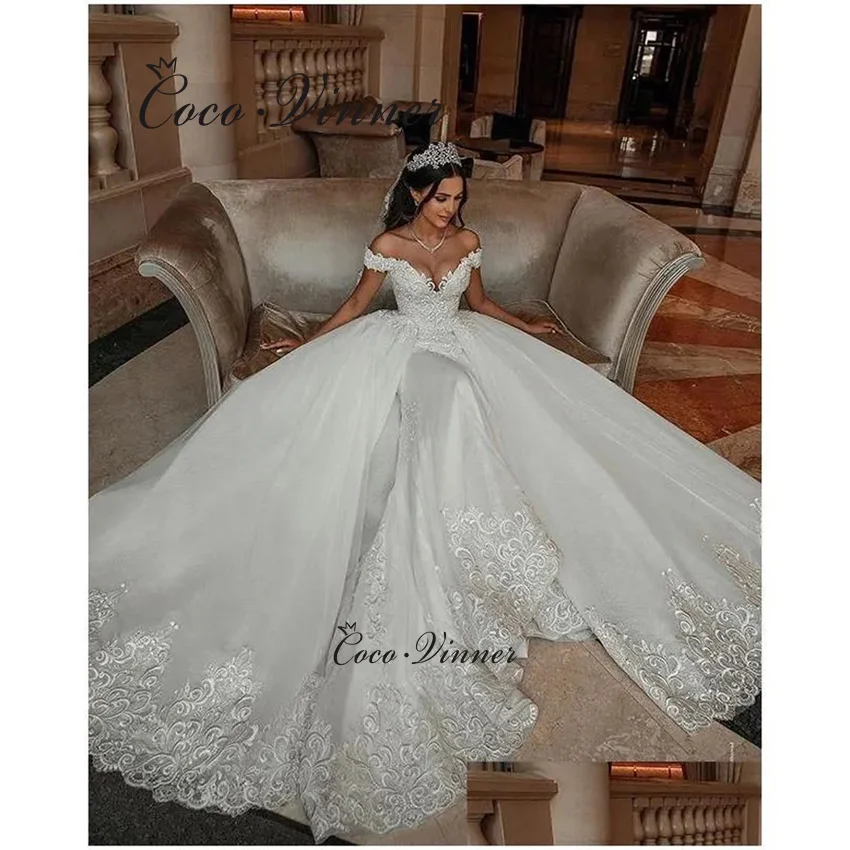 Prispôsobené svadobné šaty Arabic Fashion Dubaj 2 v 1 Design Morská panna s odnímateľnými šatami na chvost nevesty pre ženy W1343