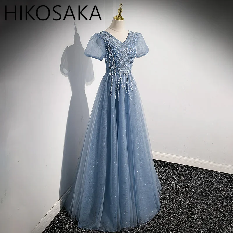 Prispôsobené svetlo modrá luxusné korálky Večerné šaty Dlhé dámy Ženy Prom Days Days Dayse Performance Singing Dress Dress Free Loď