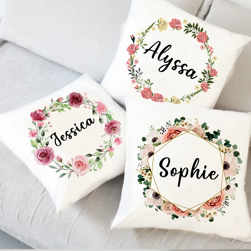 Prispôsobené vankúšové puzdro Vlastný veniec s menom Cushion Cover Decor Domov vankúš domáci darček k narodeninám darček k narodeninám