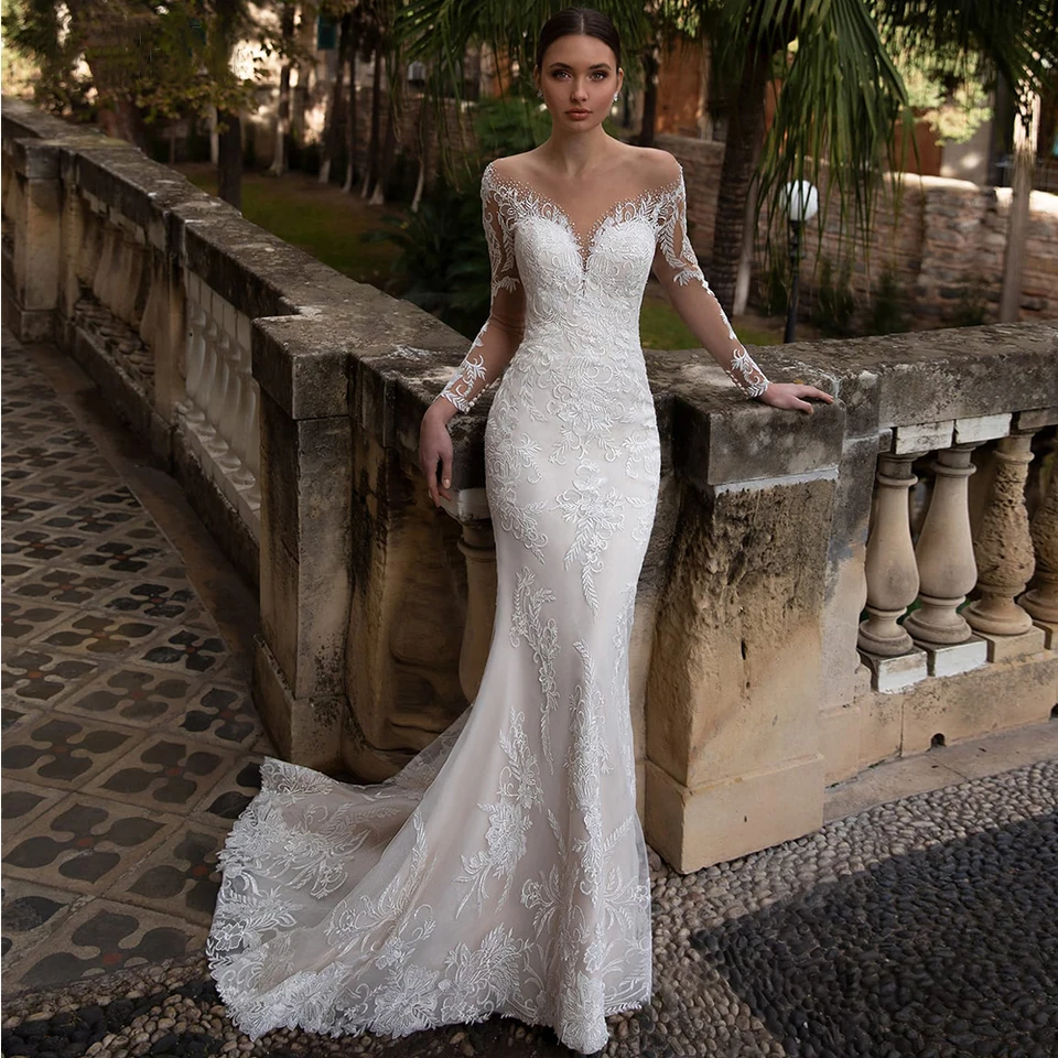 Prispôsobené Vynikajúce Vysoké čipky s čipkou V Svadobné šaty pre nevestu Royal Train Decorácie ilúzia ilúzia zadná Vestido de Novia